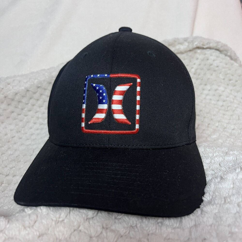 Hurley Mens Flexfit American Flag Logo Hat Cap Black Size L - XL